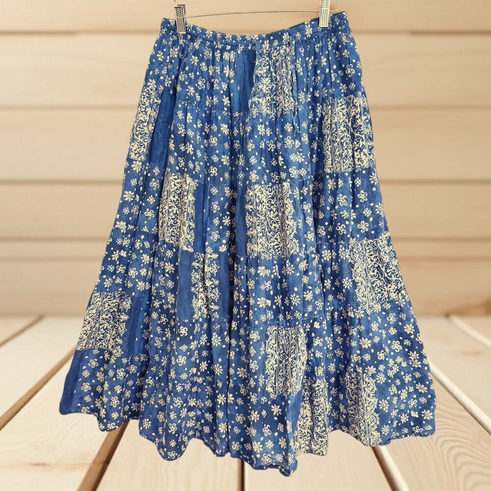 La Cera Tiered Cotton Maxi Skirt Sz M Drawstring Denim Blue Bandana Print Lined